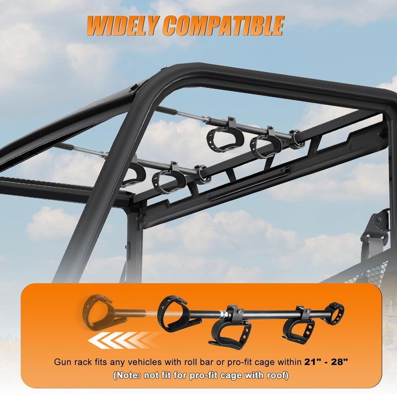 Drieaco Store UTV Overhead Gun Rack Fits 21-28" Spacing Roll Bars, Adjustable UTV Gun Holder Rifle Rack for Polaris Ranger Honda Pioneer Mule Uforce, Shovel Mount Bow Metal Holder Hunting Tool Roof Racks - Image 3